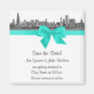 Íman Chicago Skyline Gravado BW Aqua Save the Date