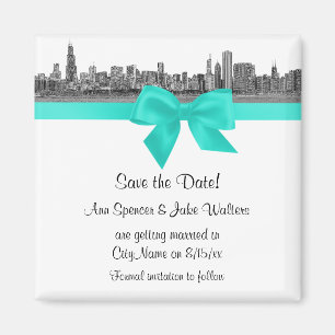 Íman Chicago Skyline Gravado BW Aqua Save the Date