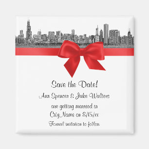 Íman Chicago Skyline Gravado BW Vermelho Save the Date
