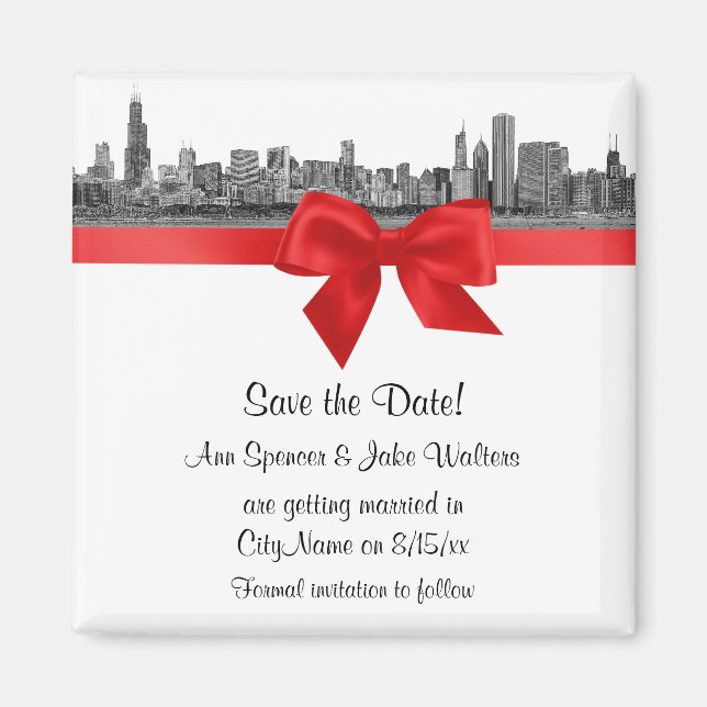 Íman Chicago Skyline Gravado BW Vermelho Save the Date (Frente)
