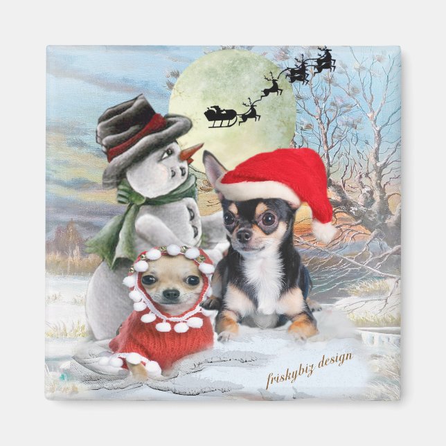 Íman Chihuahua com presentes de boneco de neve (Frente)