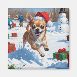 Íman Chihuahua Correndo na Neve com Chapéu de Natal