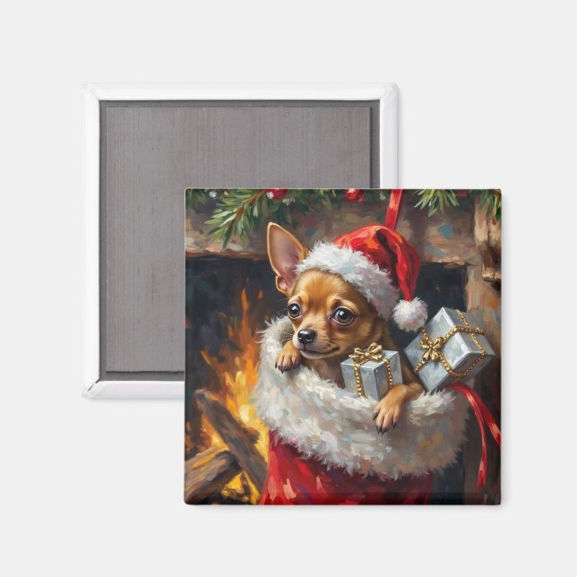 Íman Chihuahua Dog Christmas Stocking Surprise Art (Front/Back)