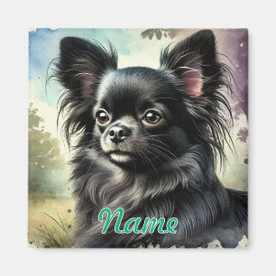Íman Chihuahua Preto de Cabelo Longo em Aquarela