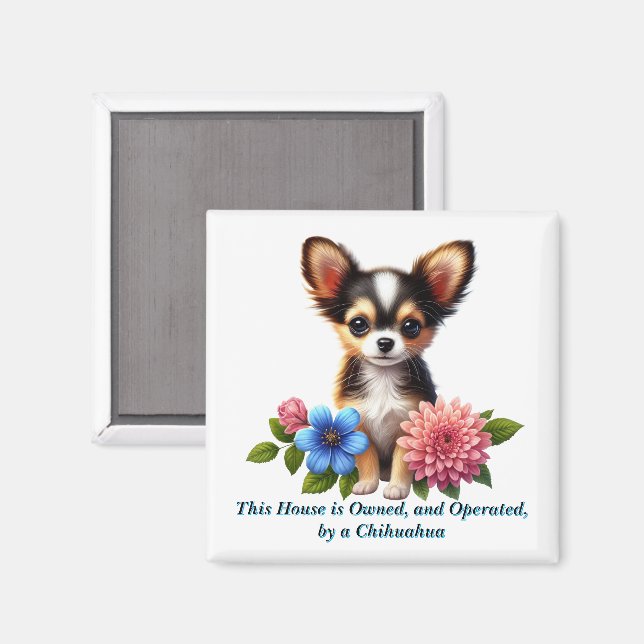 Íman Chihuahua Puppy com flores decorativas (Front/Back)