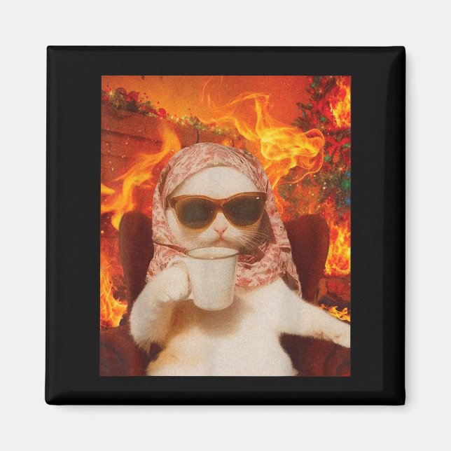 Íman Chill Cat And Coffe Xmas Funny Cat Meme Y2k Joke  (Frente)