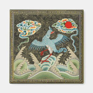 Íman Chinoiserie padrão de Garça Dourada e Onda do Mar
