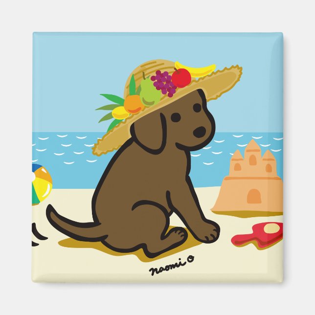 Íman Chocolate Labrador Puppy Straw Hat Cartoon (Frente)