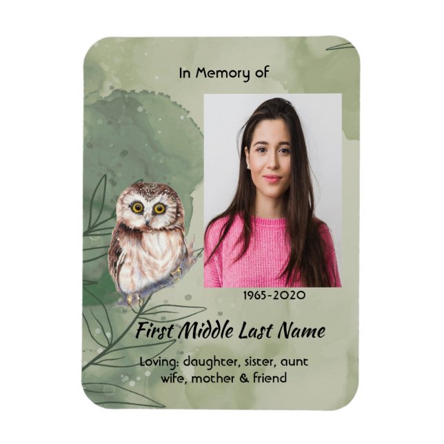 Íman Christian Memorial Keepsake Cute Owl Bird (Vertical)