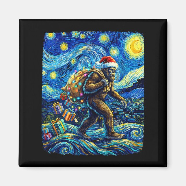 Íman Christmas Bigfoot Santa Hat Van Gogh Starry Night  (Frente)