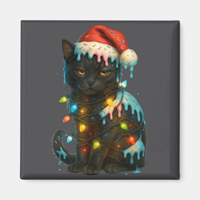 Íman Christmas Black Cat Ice Cream Drip Santa Hat Cute  (Frente)