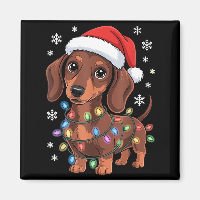Íman Christmas Dachshund Lights Santa Hat Holiday Dog L (Frente)