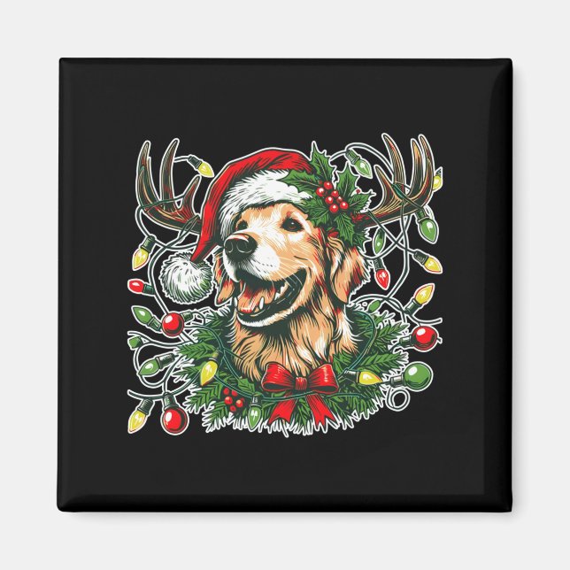 Íman Christmas Golden Retriever Antlers Santa Hat Long  (Frente)