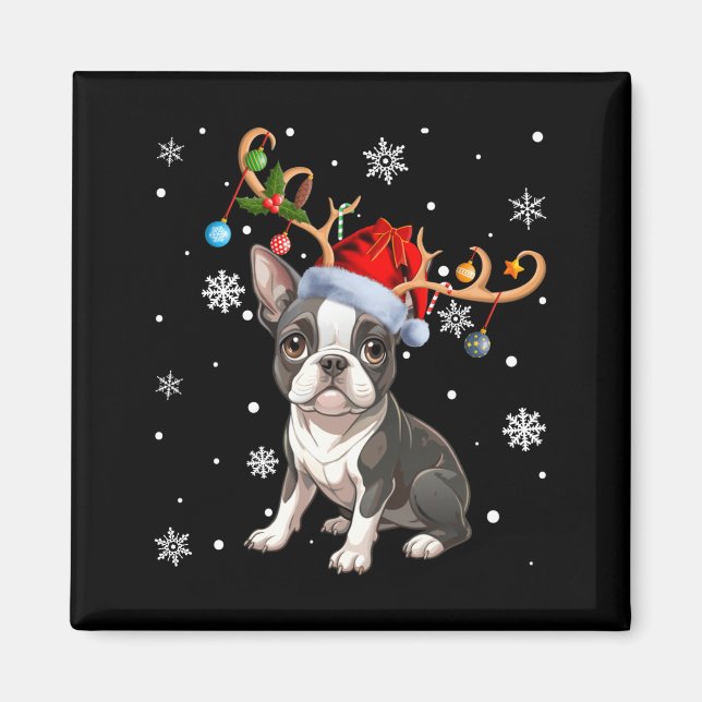 Íman Christmas Light Reindeer Santa Hat Boston Terrier  (Frente)