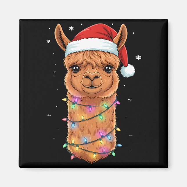 Íman Christmas Lights Alpaca Santa Hat Llama Cute Xmas  (Frente)