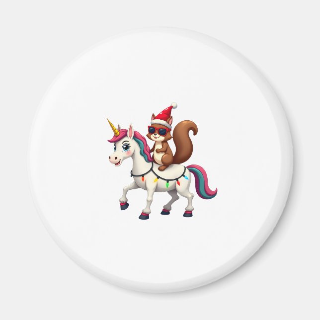 Íman Christmas Lights Squirrel Riding Unicorn T-Shirt ( (Frente)