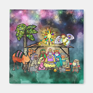Íman Christmas Nativity Watercolor Doodle Scene