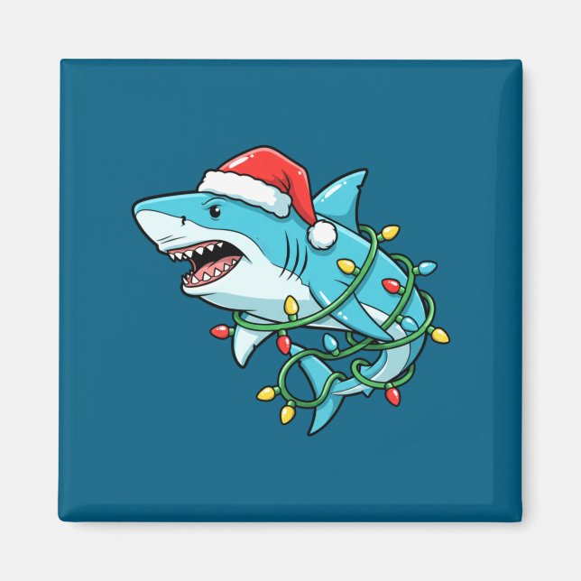 Íman Christmas Shark Santa Hat Wrapped In Lights Funny  (Frente)