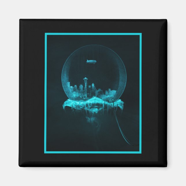 Íman Cidade Fantástica num globo de neve com um Blimp (Frente)