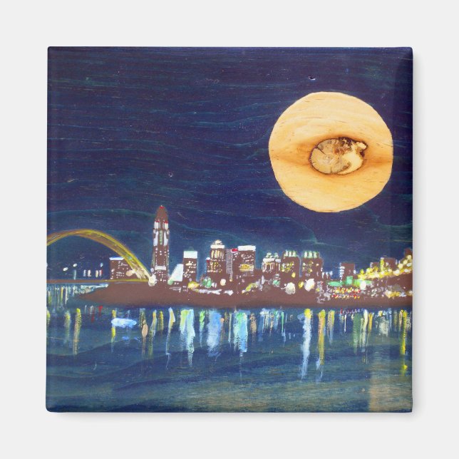 Íman Cincinnati Skyline Wood Moon Magnet (Frente)