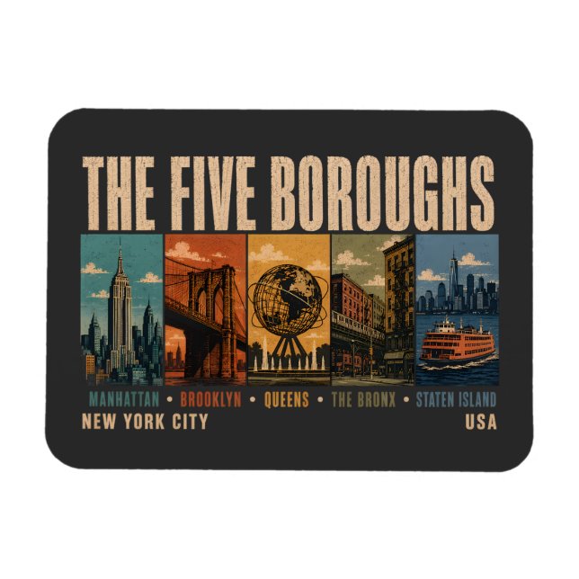 Íman Cinco Bairros Nova York NYC Ilustração Retro (Horizontal)