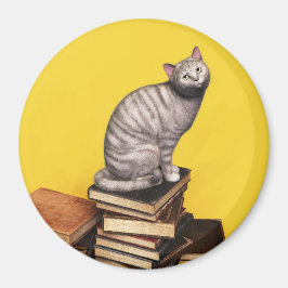 Íman Cinza Cat numa pilha de livros Magnet