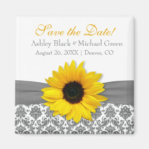 Íman Cinza Damask Yellow Sunflower Weding Date (Casamen