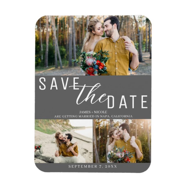Íman Cinza Escuro Save the Date Casamento 3 Fotos (Vertical)