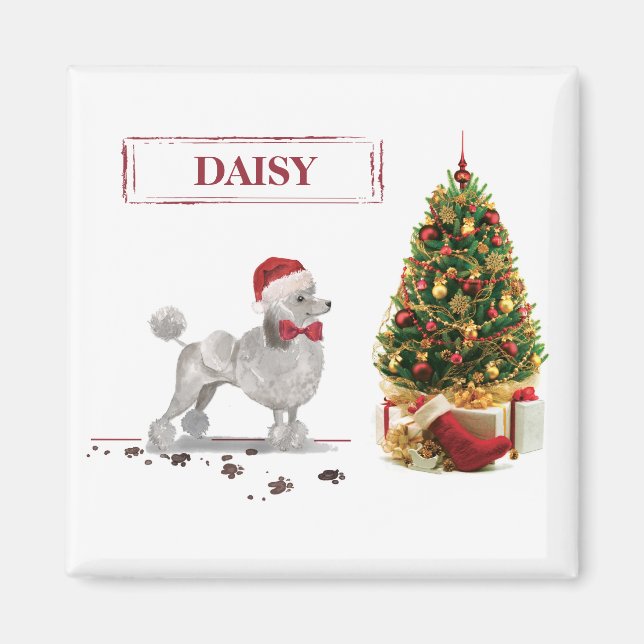 Íman Cinza Poodle Engraçado Cachorro de Natal com Árvor (Frente)