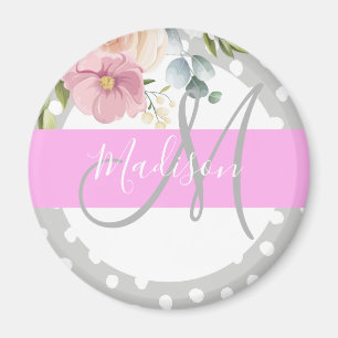 Íman Cinza Rosa Branco Floral Chic & Girly Nome do Mono