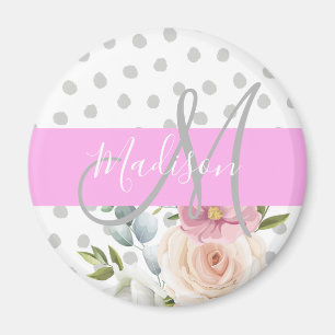 Íman Cinza Rosa Branco Floral Chic & Girly Nome do Mono