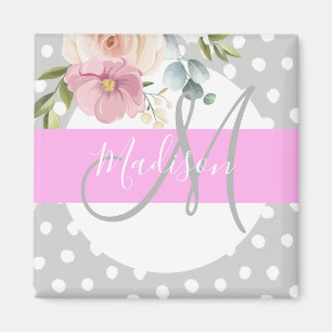 Íman Cinza Rosa Branco Floral Chic & Girly Nome do Mono