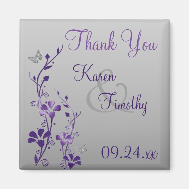 Íman Cinza Roxa Borboleta Floral, Favor Magnet (Frente)