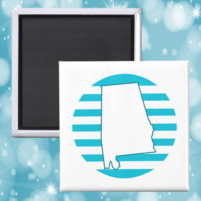 Íman Circular Retroativo do Contorno do Estado do Alaba (A magnet with the US state outline of Alabama in front of a blue retro circle.)