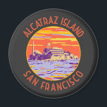 Íman Circulo de Distressão da Ilha Alcatraz San Francis<br><div class="desc">Alcatraz Island vetor art design. Ilha Alcatraz ao anoitecer com um farol,  fortificação militar e prisão federal em São Francisco,  Califórnia.</div>