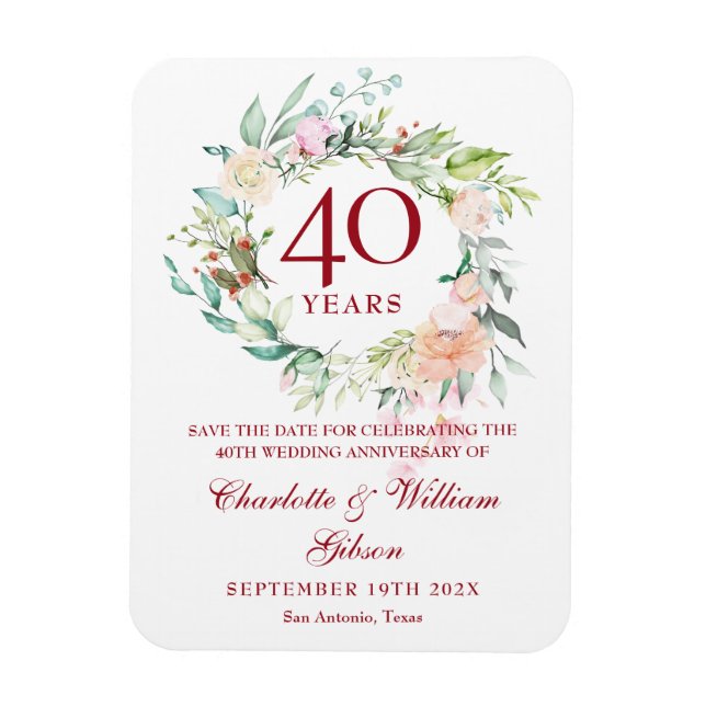 Íman Círculo de Rosas de 40º Aniversário Save the Date (Vertical)