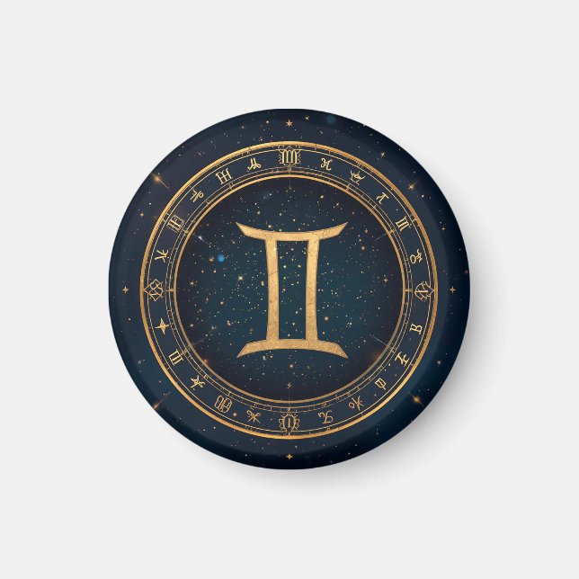 Íman Círculo Zodiacal Gêmeos Dourados Com Noite Estrela (Frente)