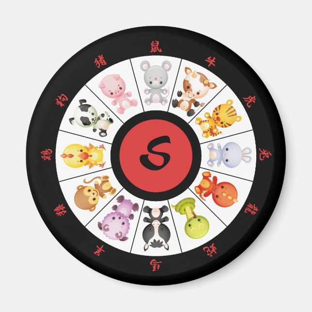 Íman Círculo Zodíaco Chinês Cute Monograma (Frente)