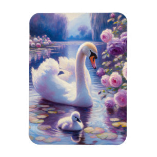 Íman Cisne branco e Cygnet com Rosas roxos