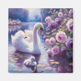 Íman Cisne branco e Cygnet com Rosas roxos