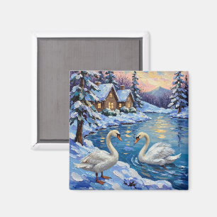 Íman Cisnes Antigos em uma Pintura de Natal de Lago de