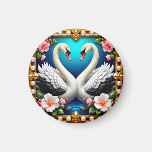 Íman Cisnes de Casamento Enquadrados com Ouro e Flores