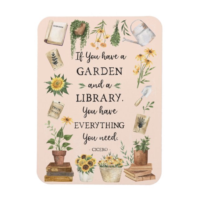 Íman Citação de jardinagem e biblioteca Girassol e erva (Vertical)