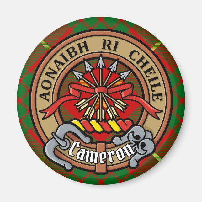 Íman Clan Cameron Crest sobre Tartan (Frente)