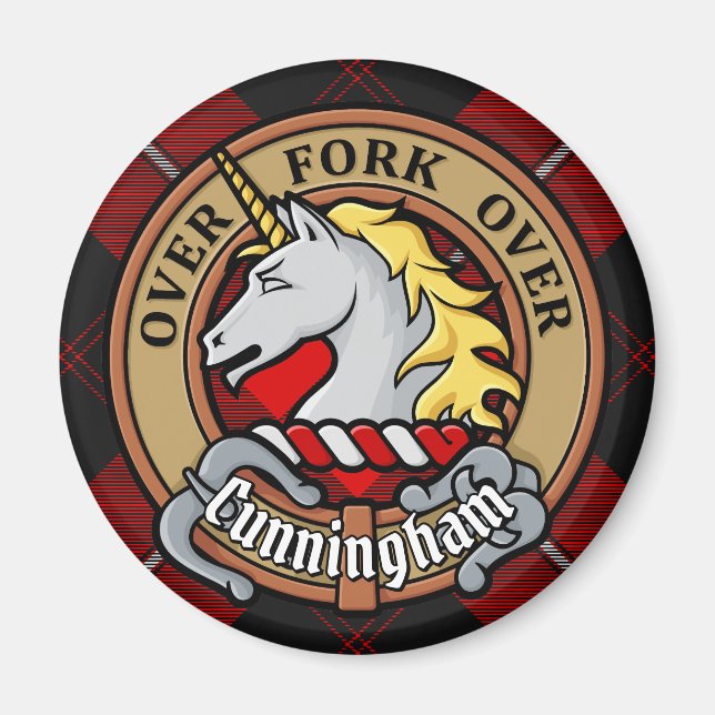 Íman Clan Cunningham Crest sobre Tartan (Frente)