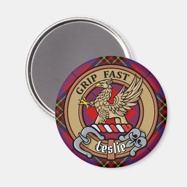 Íman Clan Leslie Crest sobre o Red Tartan (Front/Back)