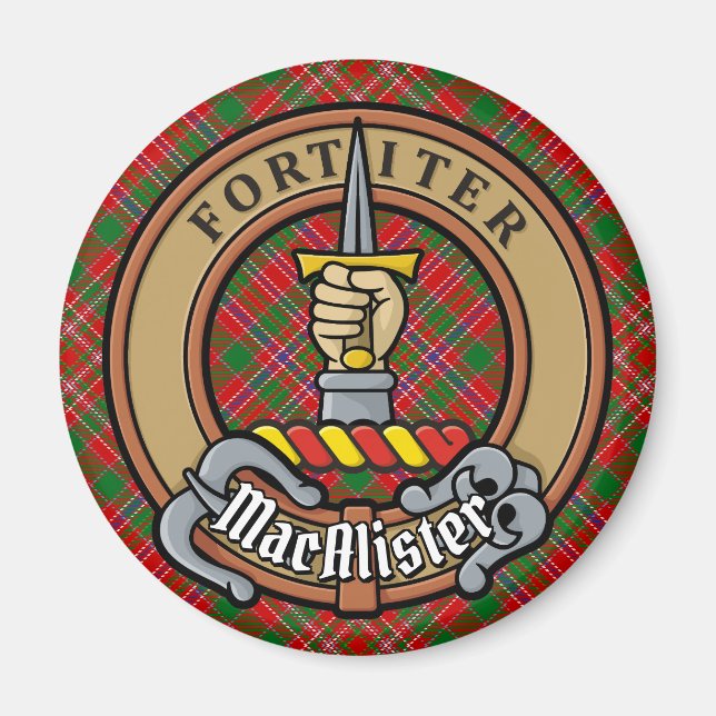 Íman Clan MacAlister Crest sobre Tartan (Frente)