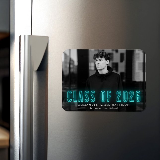 Íman Classe de 2026 Foto de Formatura em Neon Ciano Mod (Criador carregado)
