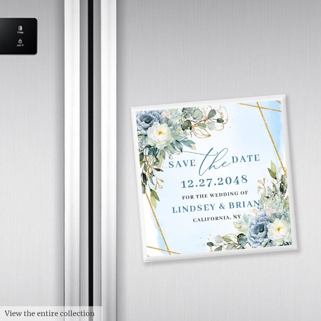Íman Clássico Save The Date Botânico em Azul Poeirento  (Classic Dusty Blue Botanical Gold Save The Date Magnet

)