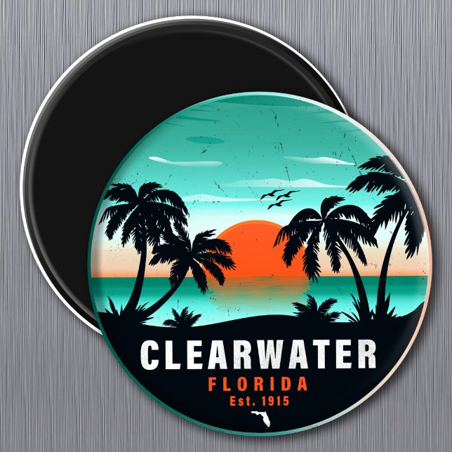Íman Clearwater Florida Beach Retro Sunset Souvenirs (Criador carregado)